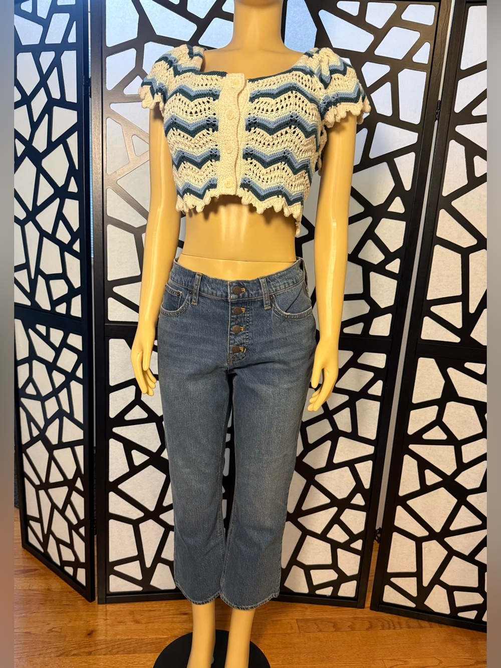 Zara Crocheted Chevron Crop Top in Cream and Teal. TOP ONLY. NWT.